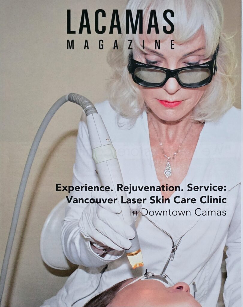 Cover of Lacamas Magazine, featuring Lori Keller (woman, white, 60's) conducting a laser skincare treatment.