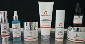 Group photograph of Keller Skin Care Products against a black background.